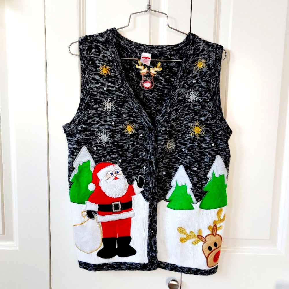 Snowfall Santa & Rudolph Christmas Beaded Sweater Vest Gray Small Holiday‎ Time
